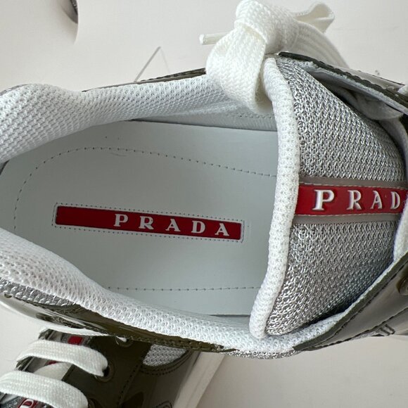 Prada Americas Cup Men Sneakers Vernice Bike Low Top Loden Argento Size UK11 - Picture 8 of 15